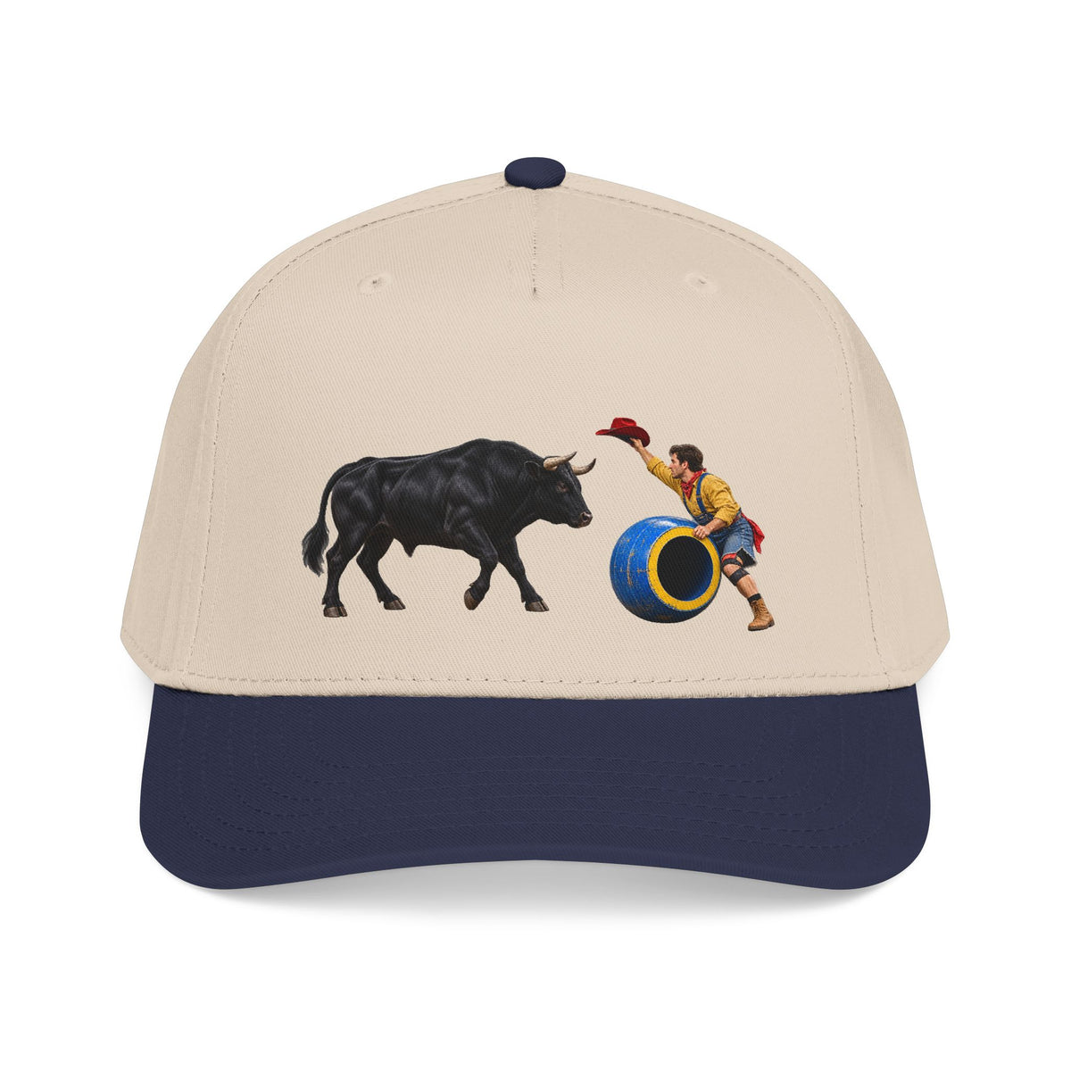Mid Profile Baseball Cap — Cowboys - Clown Teasing Bull, Barrel - 3D Transparent