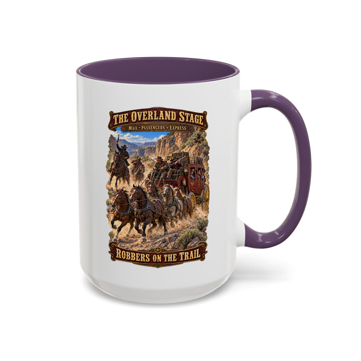 Accent Coffee Mug (11, 15oz) - Overland Stage - Robbers on the Trail - 3D - Enhanced