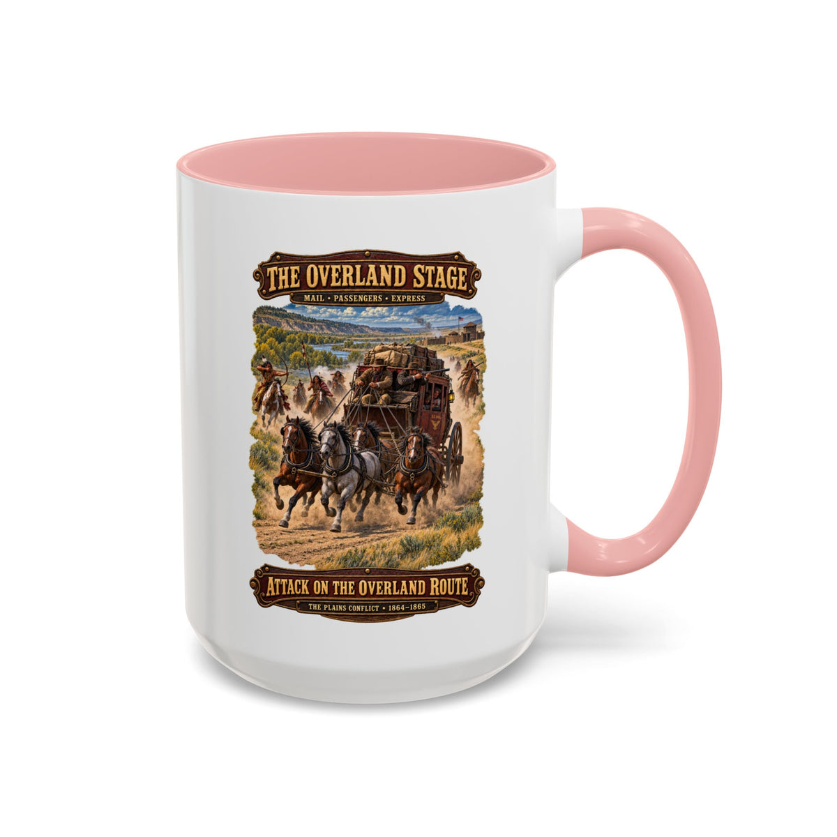 Accent Coffee Mug (11, 15oz) - Overland Stage - Indian Attack on the Trail - 3D - Enhanced