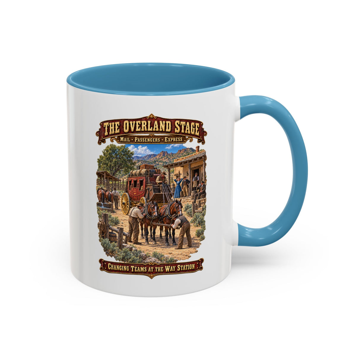 Accent Coffee Mug (11, 15oz) - Overland Stage - Changing Teams at the Way Station - 3D - Enhanced