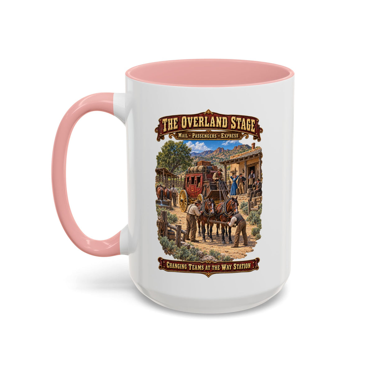 Accent Coffee Mug (11, 15oz) - Overland Stage - Changing Teams at the Way Station - 3D - Enhanced