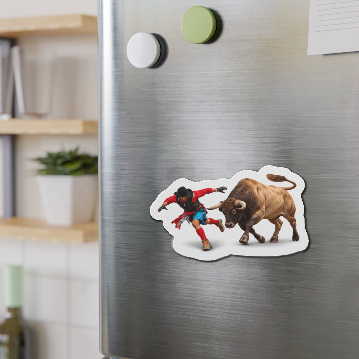 Die-Cut Magnets — Cowboys - Bull Chasing Clown - Ground Shadow - without Text - 3D Transparent