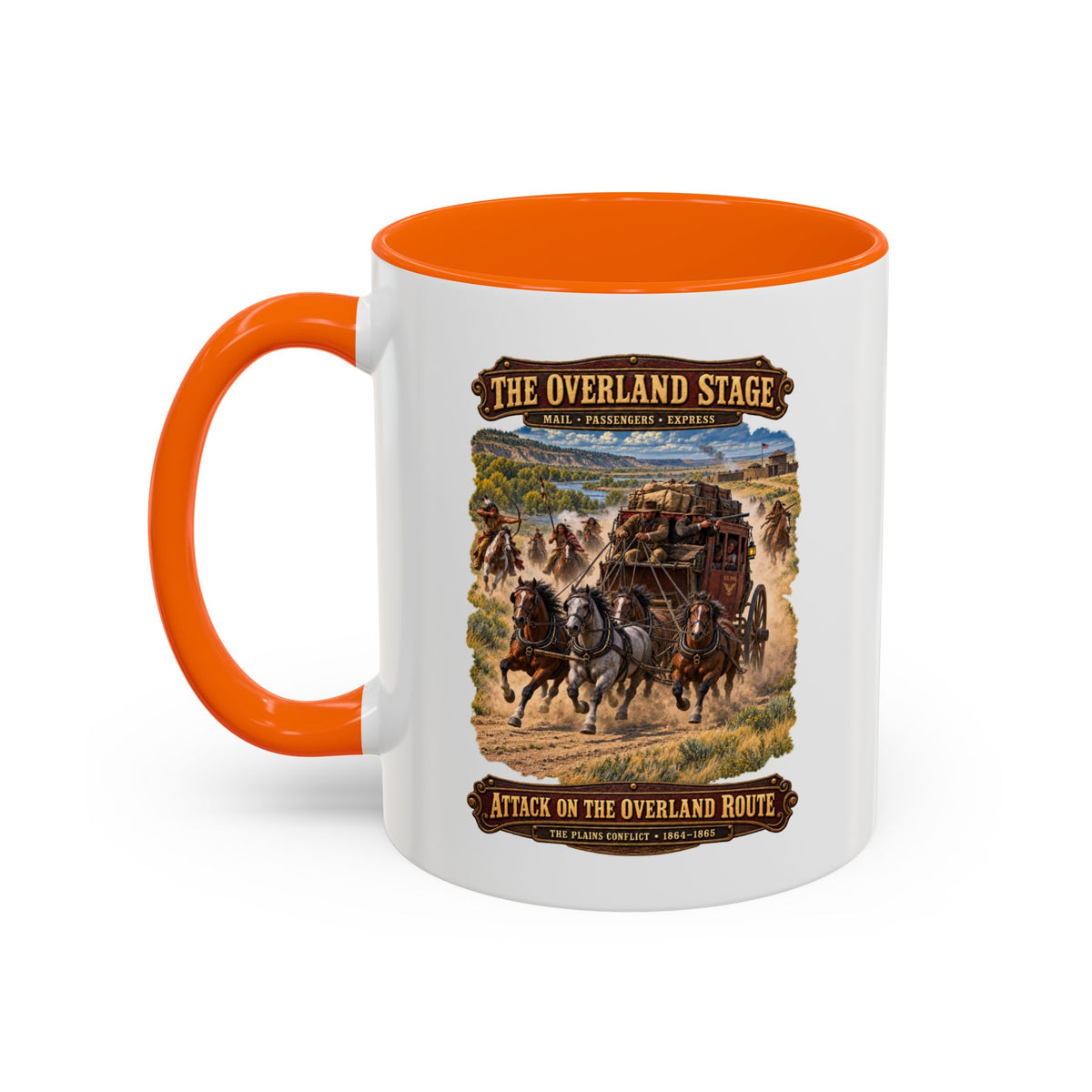 Accent Coffee Mug (11, 15oz) - Overland Stage - Indian Attack on the Trail - 3D - Enhanced