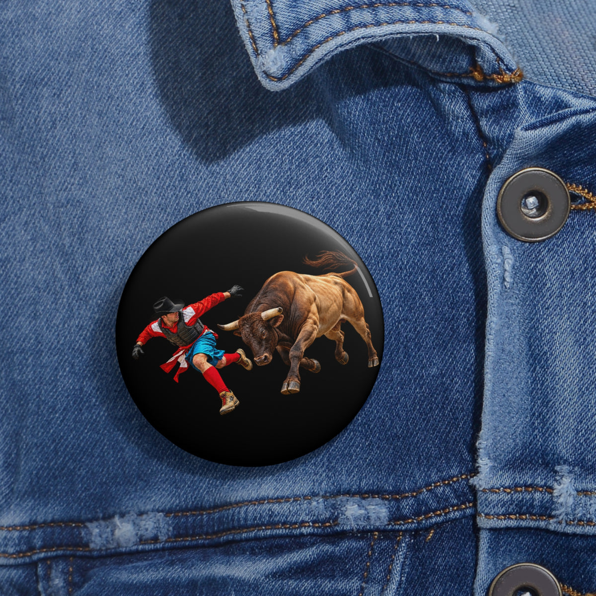 Custom Pin Buttons - Cowboys - Bull Chasing Clown - without Text - 3D Transparent