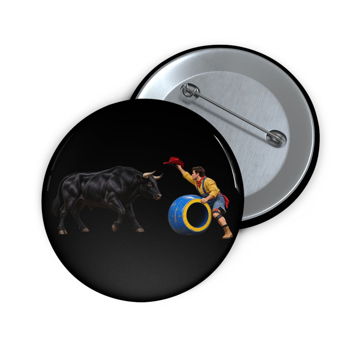 Custom Pin Buttons - Cowboys - Clown Teasing Bull, Barrel - 3D Transparent