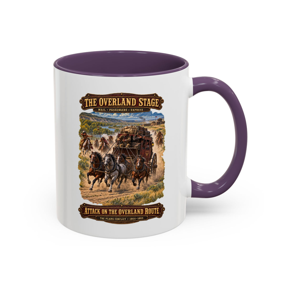 Accent Coffee Mug (11, 15oz) - Overland Stage - Indian Attack on the Trail - 3D - Enhanced