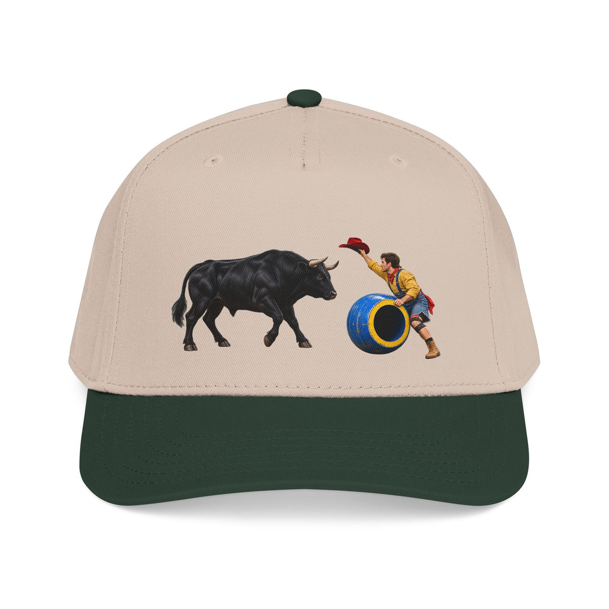Mid Profile Baseball Cap — Cowboys - Clown Teasing Bull, Barrel - 3D Transparent