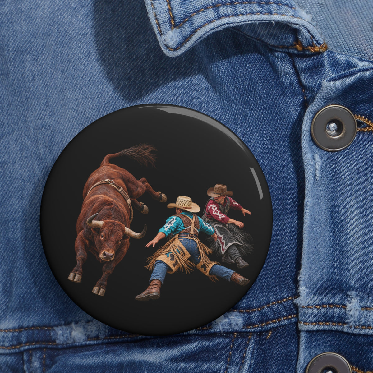Custom Pin Buttons - Cowboys - Clowns and Brown Bull - without Text - 3D Transparent
