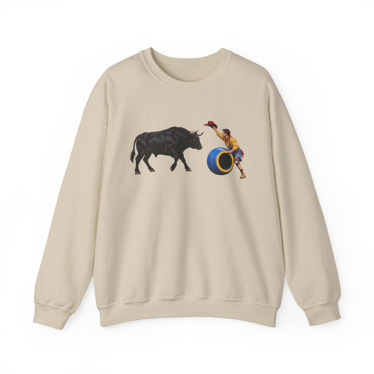 Crewneck Sweatshirt - Cowboys - Clown Teasing Bull, Barrel - 3D Transparent