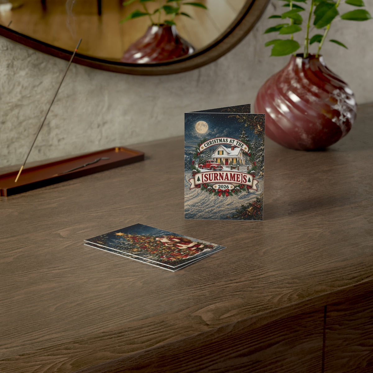 Personalized Christmas Cottage with Vintage Truck Greeting Card | Holiday Card 2026