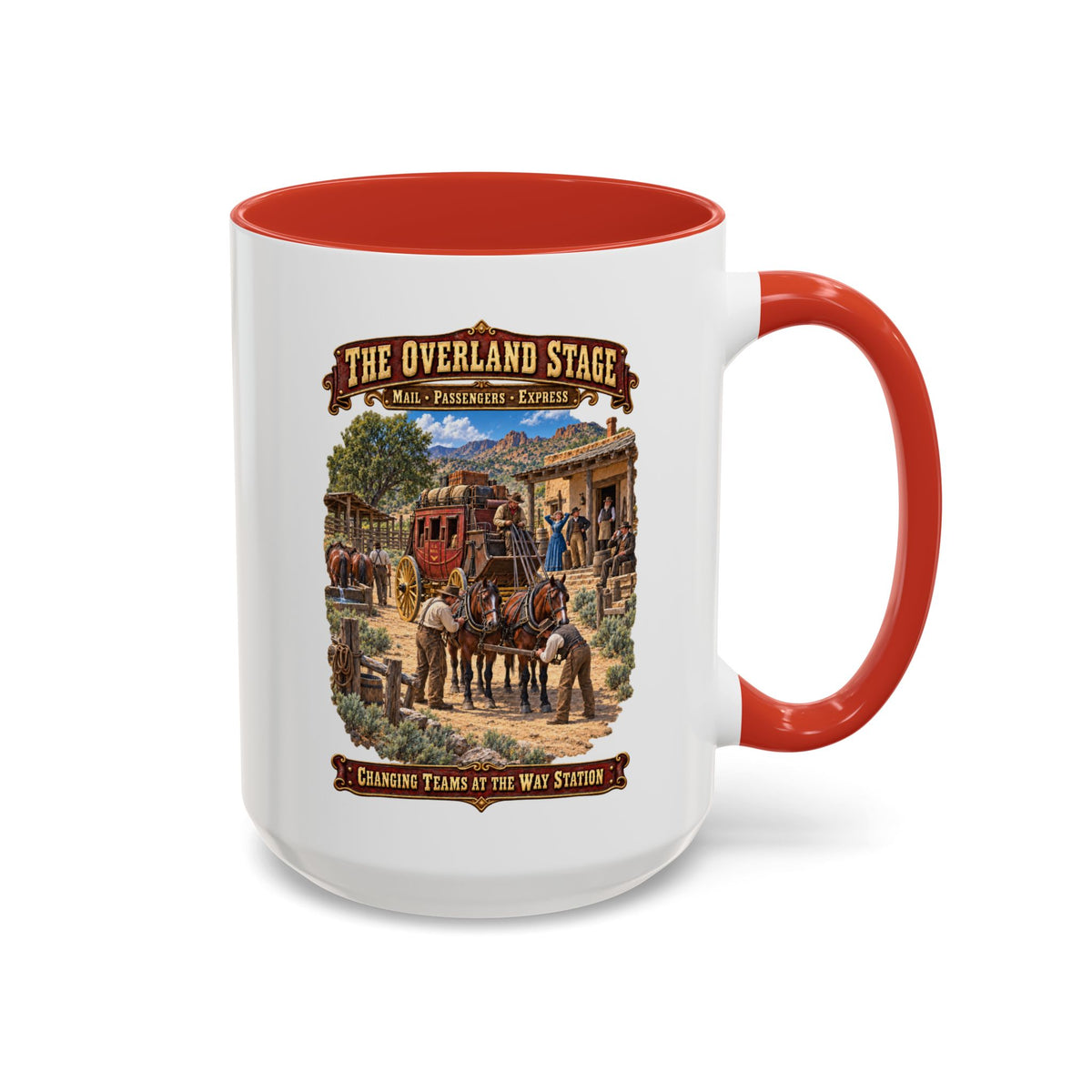Accent Coffee Mug (11, 15oz) - Overland Stage - Changing Teams at the Way Station - 3D - Enhanced