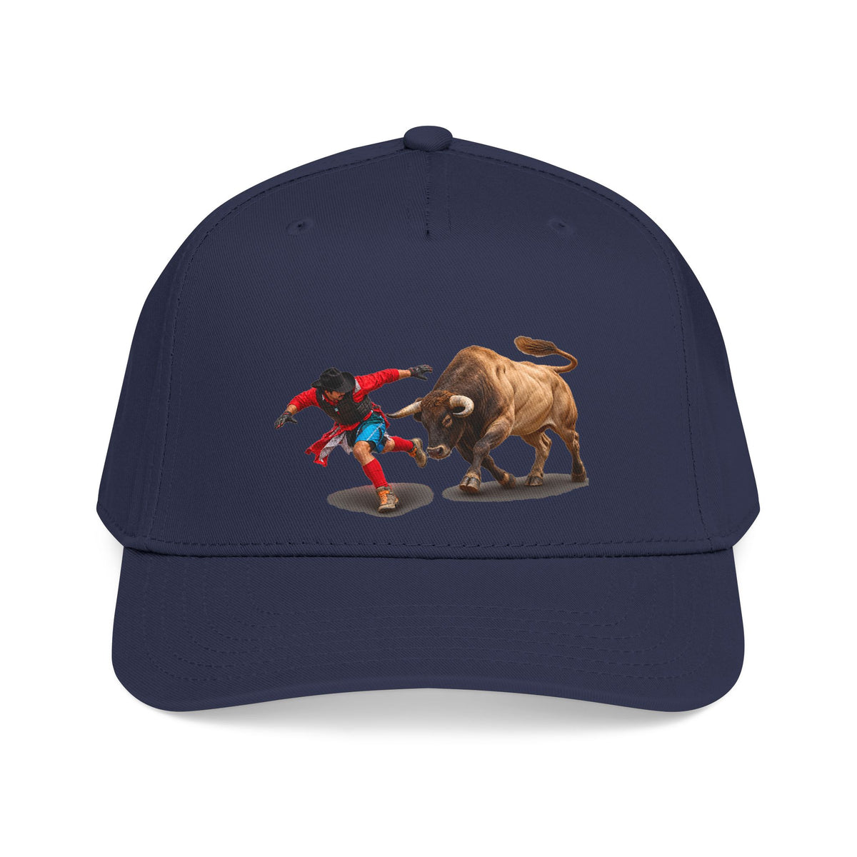 Mid Profile Baseball Cap — Cowboys - Bull Chasing Clown - Ground Shadow - without Text - 3D Transparent
