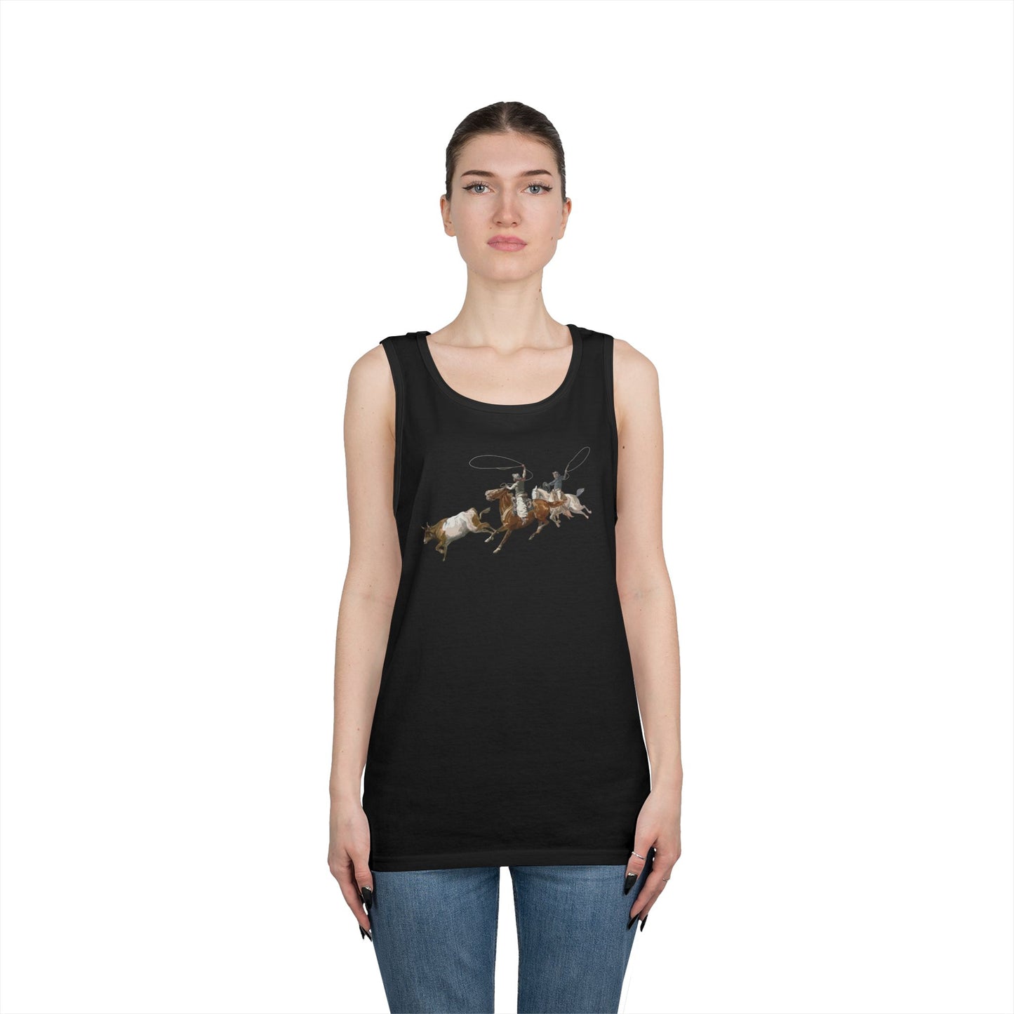 Unisex Heavy Cotton Tank Top - 2 Cowboys Roping 1 Longhorn X 300
