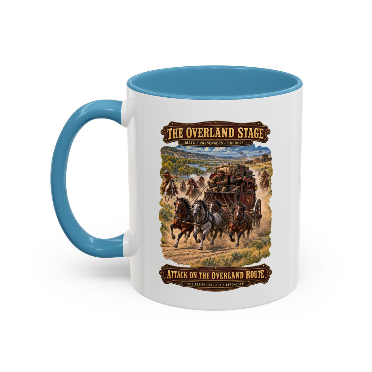 Accent Coffee Mug (11, 15oz) - Overland Stage - Indian Attack on the Trail - 3D - Enhanced
