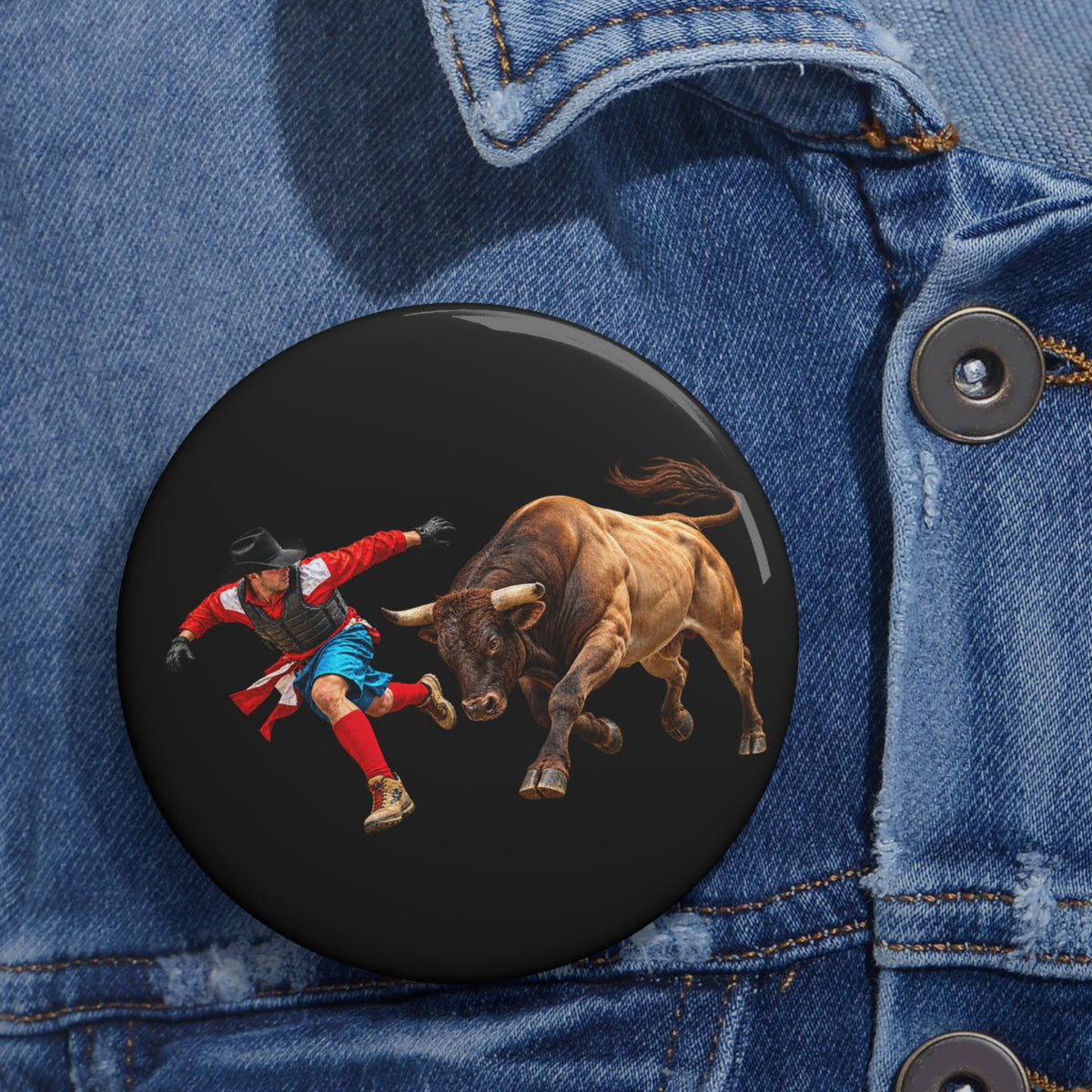 Custom Pin Buttons - Cowboys - Bull Chasing Clown - without Text - 3D Transparent