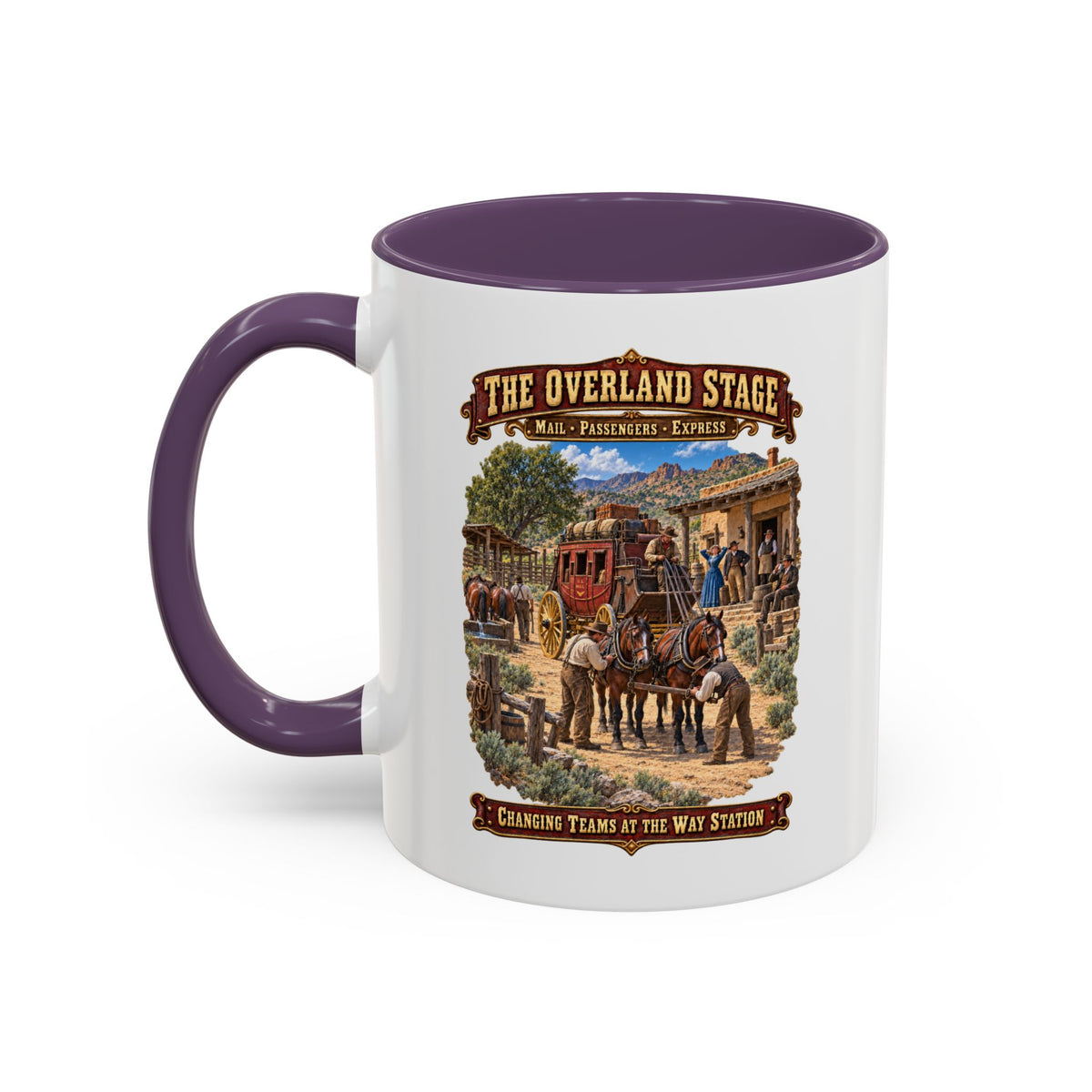 Accent Coffee Mug (11, 15oz) - Overland Stage - Changing Teams at the Way Station - 3D - Enhanced