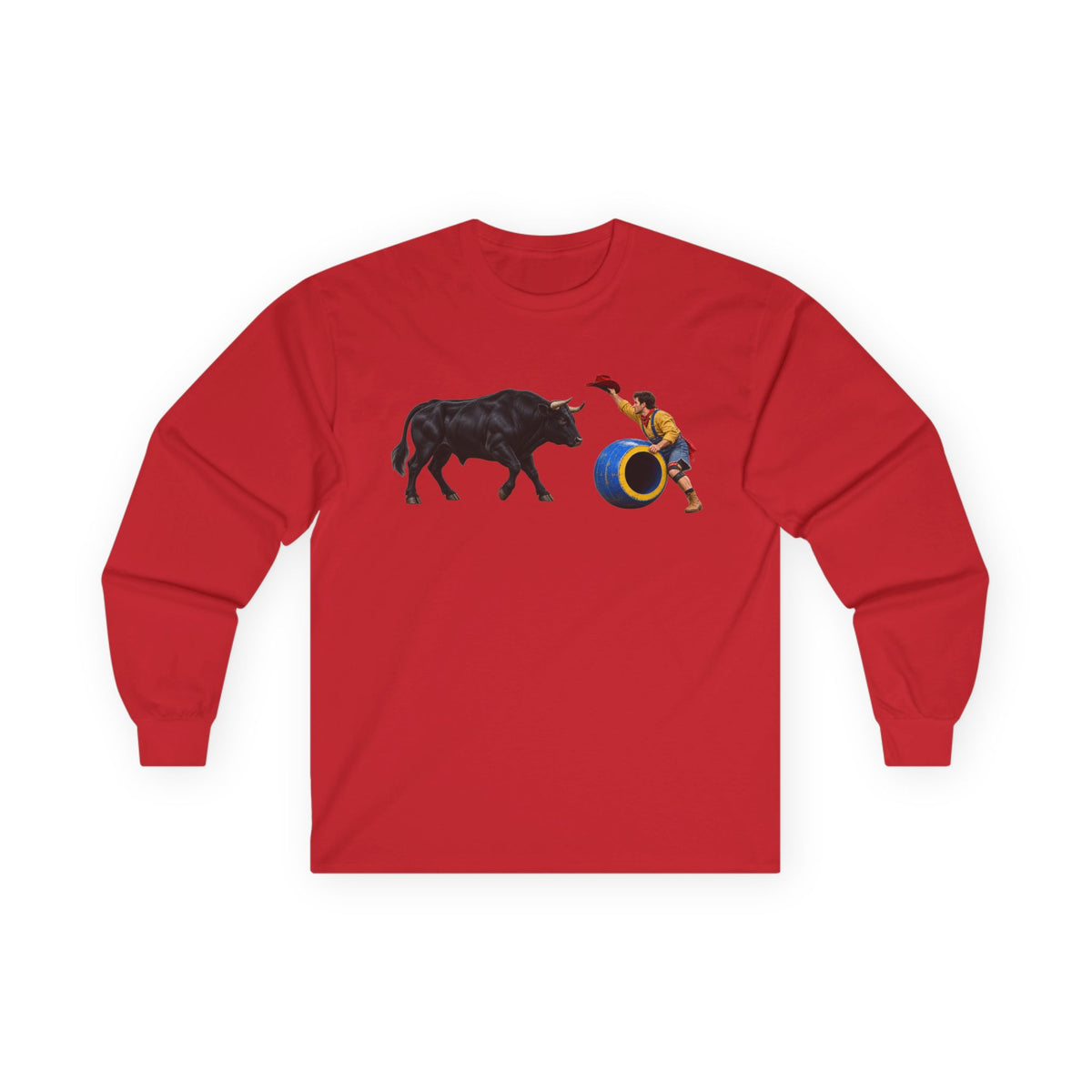 Unisex Ultra Cotton Long Sleeve Tee - Cowboys - Clown Teasing Bull, Barrel - 3D Transparent