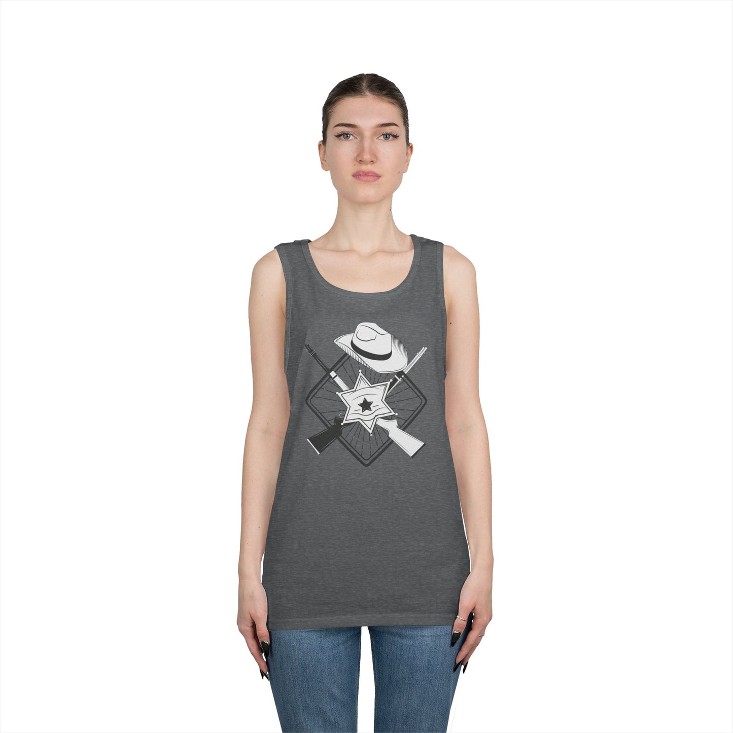 Unisex Heavy Cotton Tank Top - Vintage Cowboy w Rifles and Hat