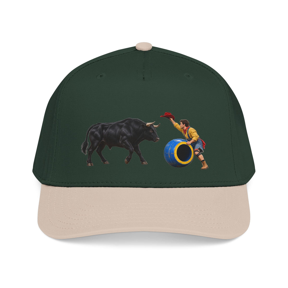 Mid Profile Baseball Cap — Cowboys - Clown Teasing Bull, Barrel - 3D Transparent