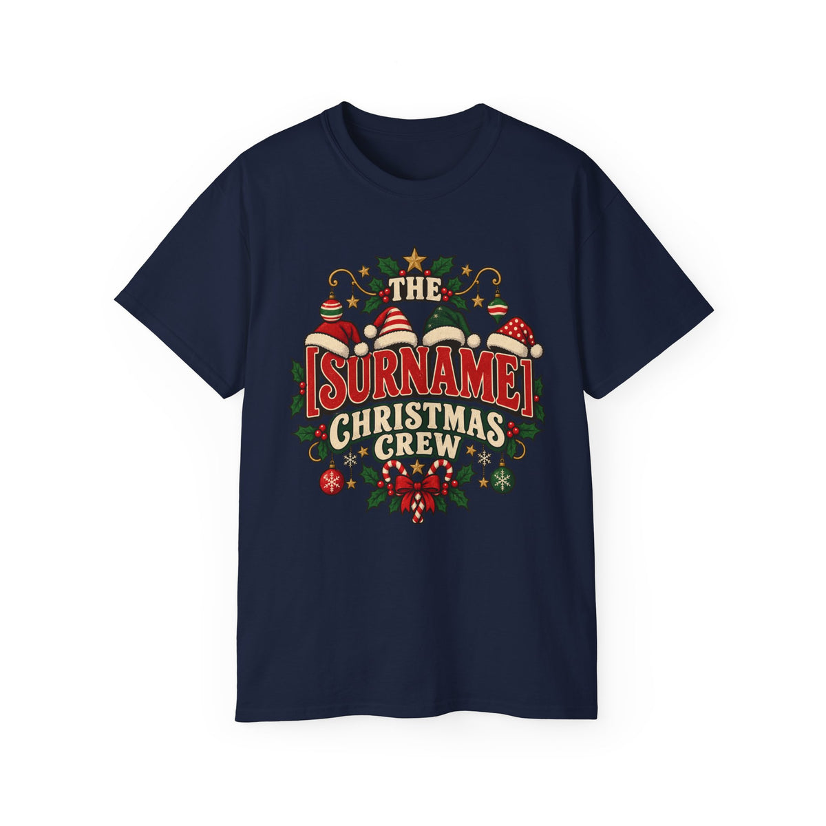 Unisex Ultra Cotton Tee - Retro Christmas Crew Crest with Santa Hats - Free Customization