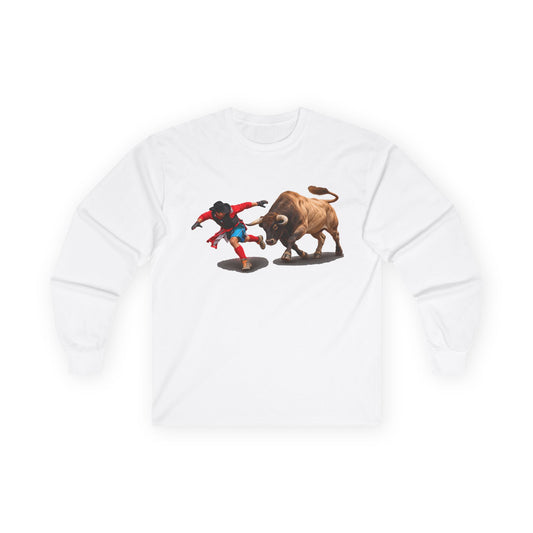 Unisex Ultra Cotton Long Sleeve Tee - Cowboys - Bull Chasing Clown - Ground Shadow - without Text - 3D Transparent
