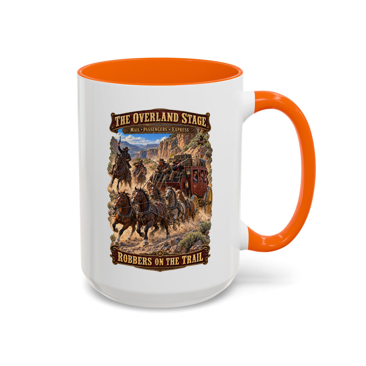 Accent Coffee Mug (11, 15oz) - Overland Stage - Robbers on the Trail - 3D - Enhanced