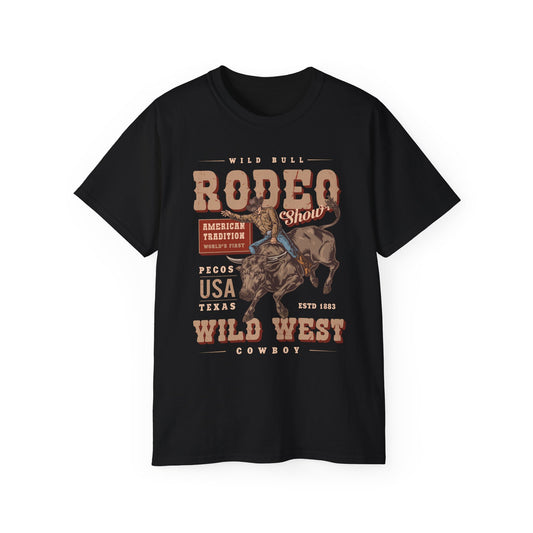 Western Rodeo Cowboy Tee - Fun Casual Shirt for Rodeo Fans, Gift for Country Lovers, Festival Outfit, Everyday Wear, Rodeo Apparel - American Tradition Wild Bull Rodeo Show - Wild West Cowboy, Texas