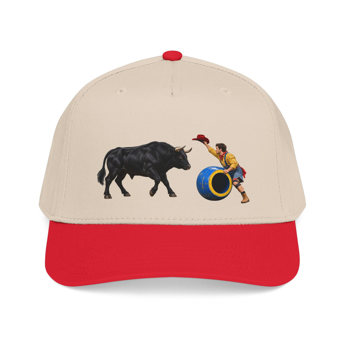 Mid Profile Baseball Cap — Cowboys - Clown Teasing Bull, Barrel - 3D Transparent