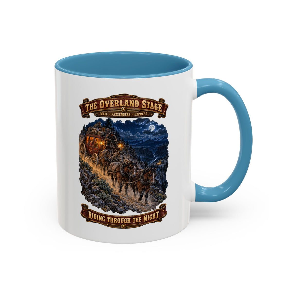Accent Coffee Mug (11, 15oz) - Overland Stage - Robbers on the Trail - 3D - Enhanced