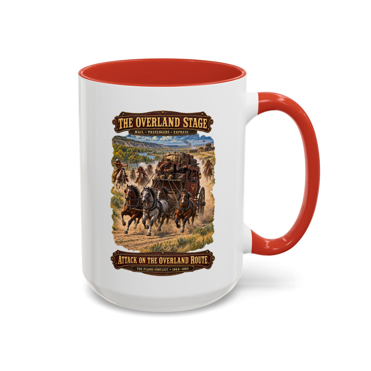Accent Coffee Mug (11, 15oz) - Overland Stage - Indian Attack on the Trail - 3D - Enhanced
