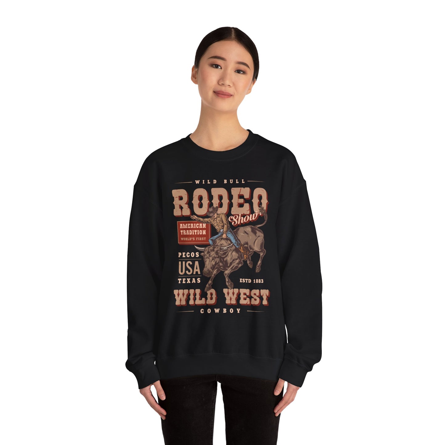 Crewneck Sweatshirt - American Tradition Wild Bull Rodeo Show - Wild West Cowboy, Texas