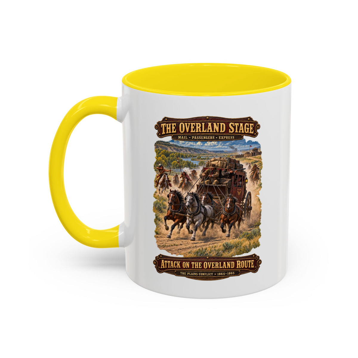 Accent Coffee Mug (11, 15oz) - Overland Stage - Indian Attack on the Trail - 3D - Enhanced