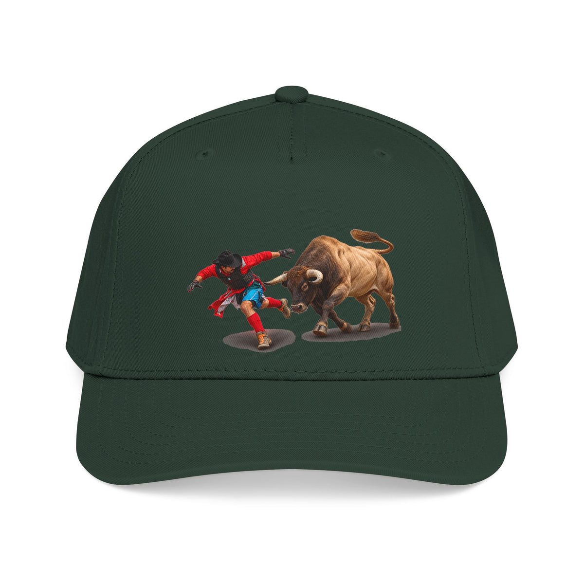 Mid Profile Baseball Cap — Cowboys - Bull Chasing Clown - Ground Shadow - without Text - 3D Transparent