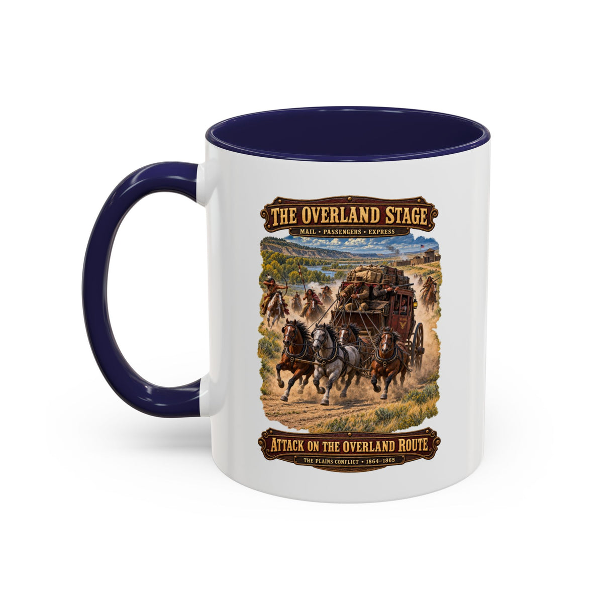Accent Coffee Mug (11, 15oz) - Overland Stage - Indian Attack on the Trail - 3D - Enhanced