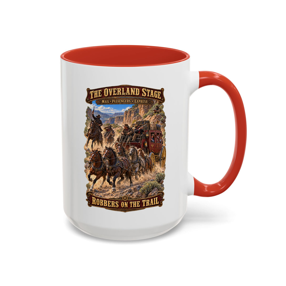Accent Coffee Mug (11, 15oz) - Overland Stage - Robbers on the Trail - 3D - Enhanced