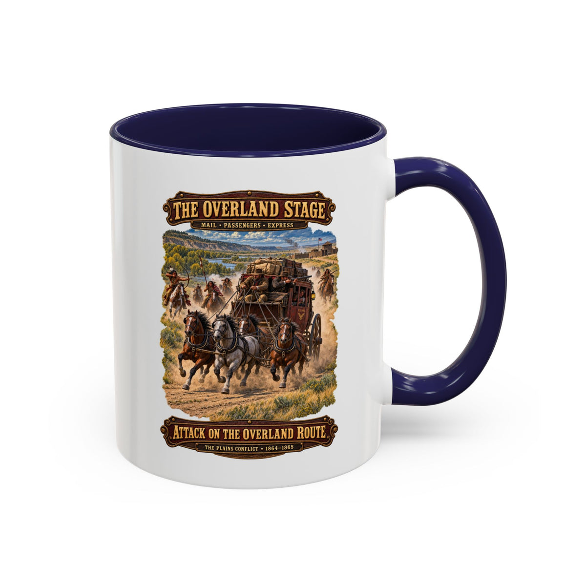 Accent Coffee Mug (11, 15oz) - Overland Stage - Indian Attack on the Trail - 3D - Enhanced