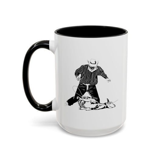 Accent Coffee Mug (11, 15oz) - Calf Roping - BW