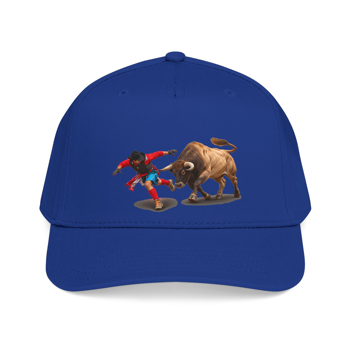 Mid Profile Baseball Cap — Cowboys - Bull Chasing Clown - Ground Shadow - without Text - 3D Transparent