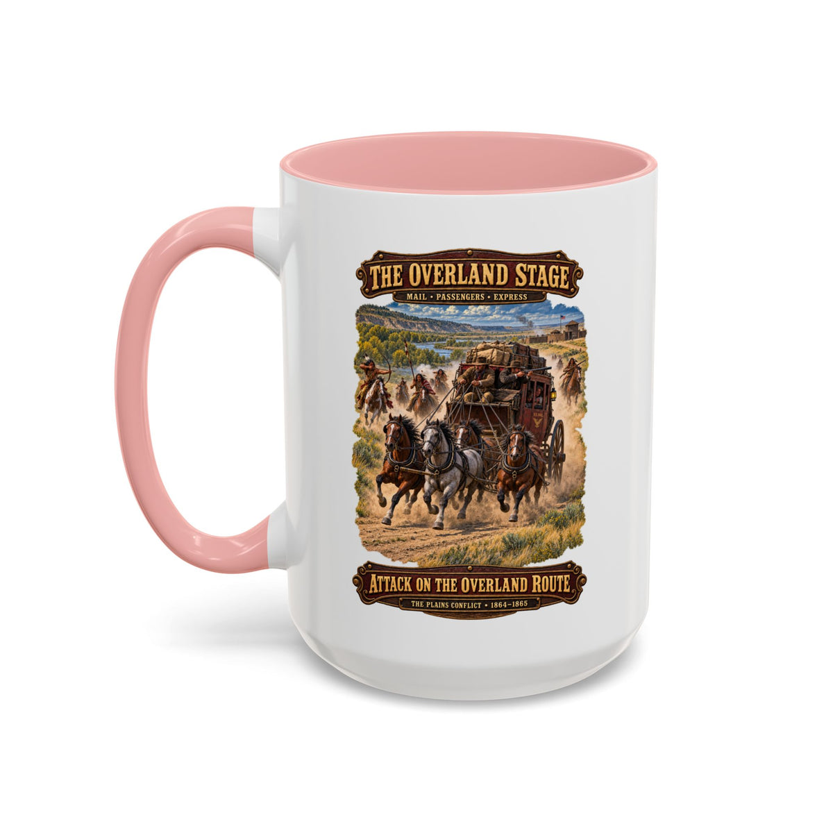 Accent Coffee Mug (11, 15oz) - Overland Stage - Indian Attack on the Trail - 3D - Enhanced