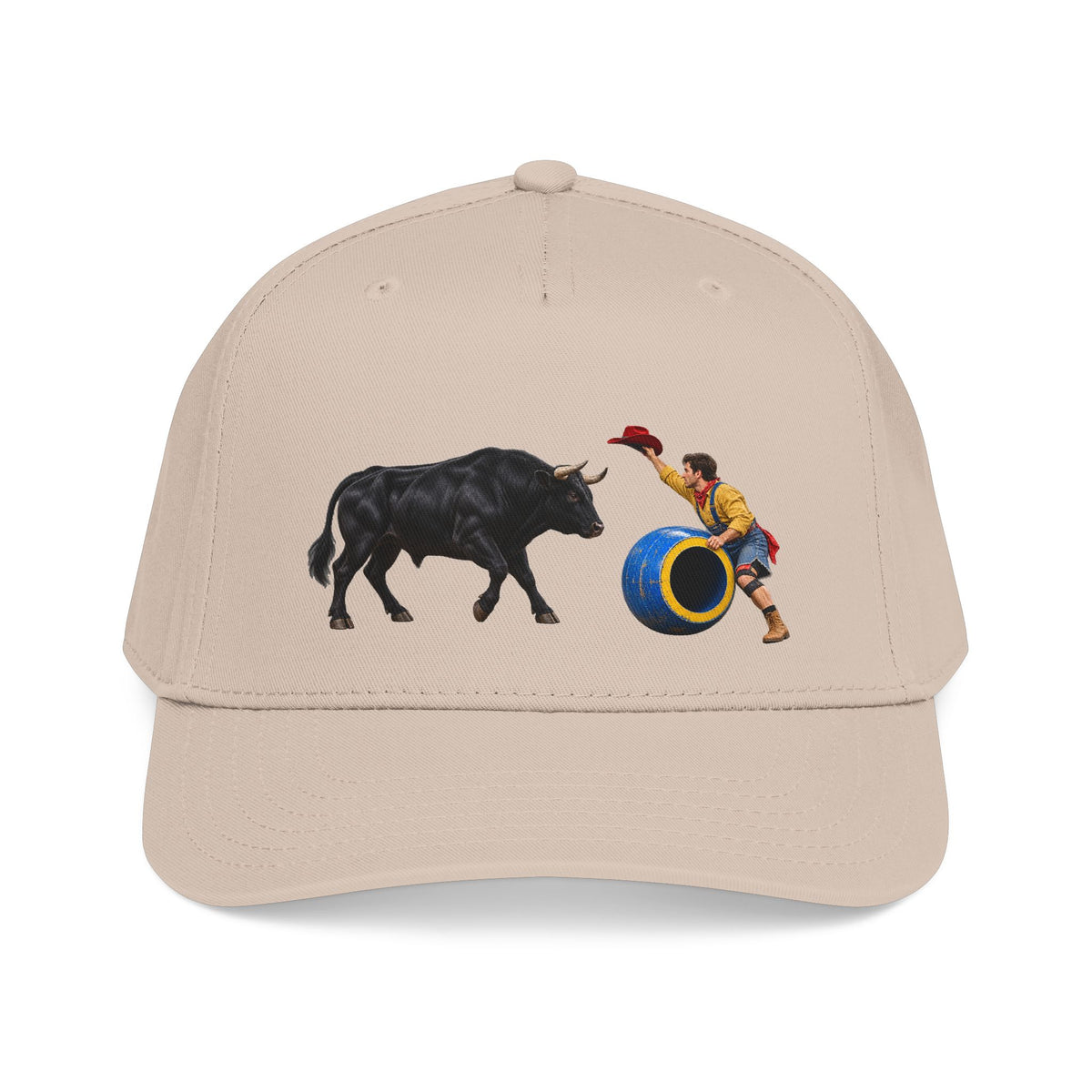 Mid Profile Baseball Cap — Cowboys - Clown Teasing Bull, Barrel - 3D Transparent