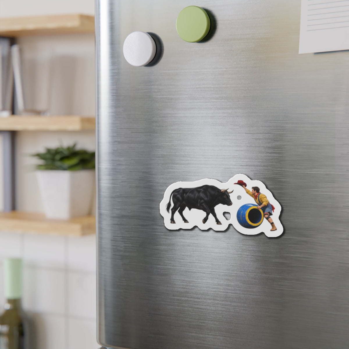 Die-Cut Magnets — Cowboys - Clown Teasing Bull, Barrel - 3D Transparent