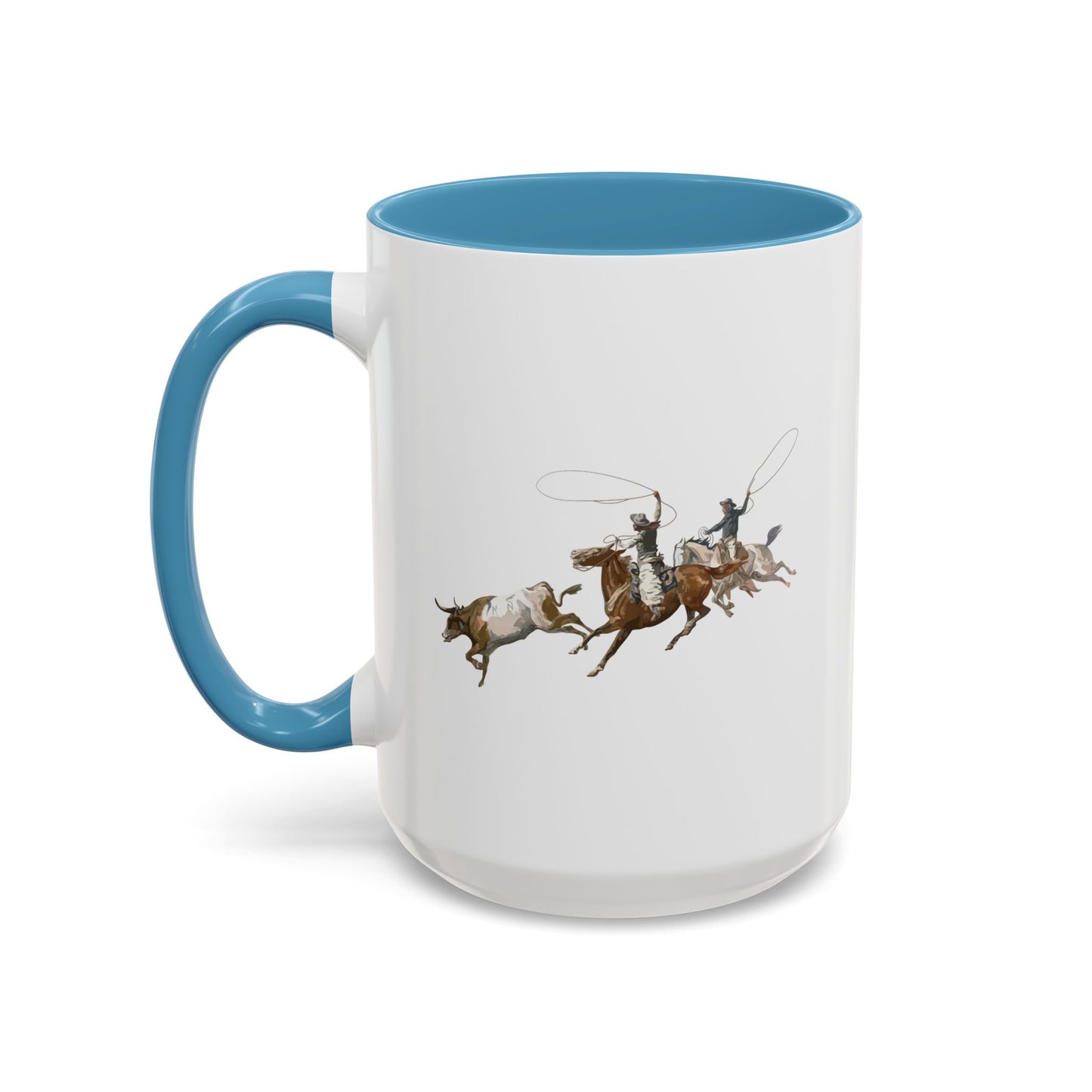 Accent Coffee Mug (11, 15oz) - 2 Cowboys Roping 1 Longhorn X 300