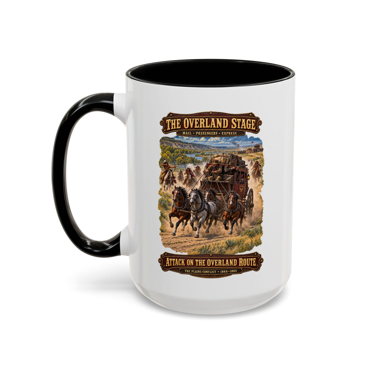 Accent Coffee Mug (11, 15oz) - Overland Stage - Indian Attack on the Trail - 3D - Enhanced