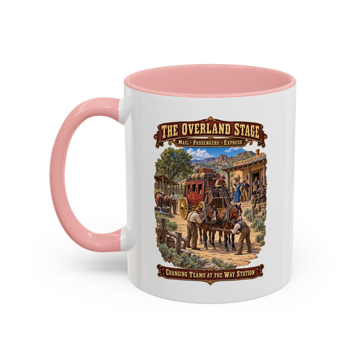 Accent Coffee Mug (11, 15oz) - Overland Stage - Changing Teams at the Way Station - 3D - Enhanced