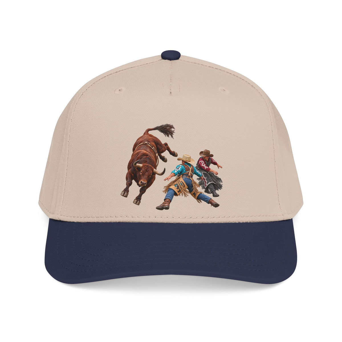 Mid Profile Baseball Cap — Cowboys - Clowns and Brown Bull - without Text - 3D Transparent