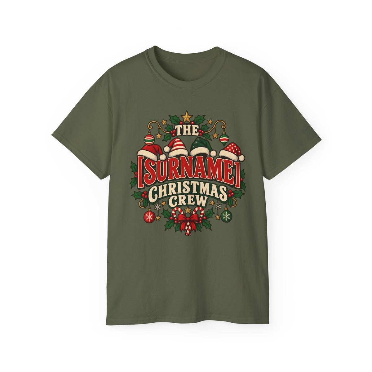 Unisex Ultra Cotton Tee - Retro Christmas Crew Crest with Santa Hats - Free Customization