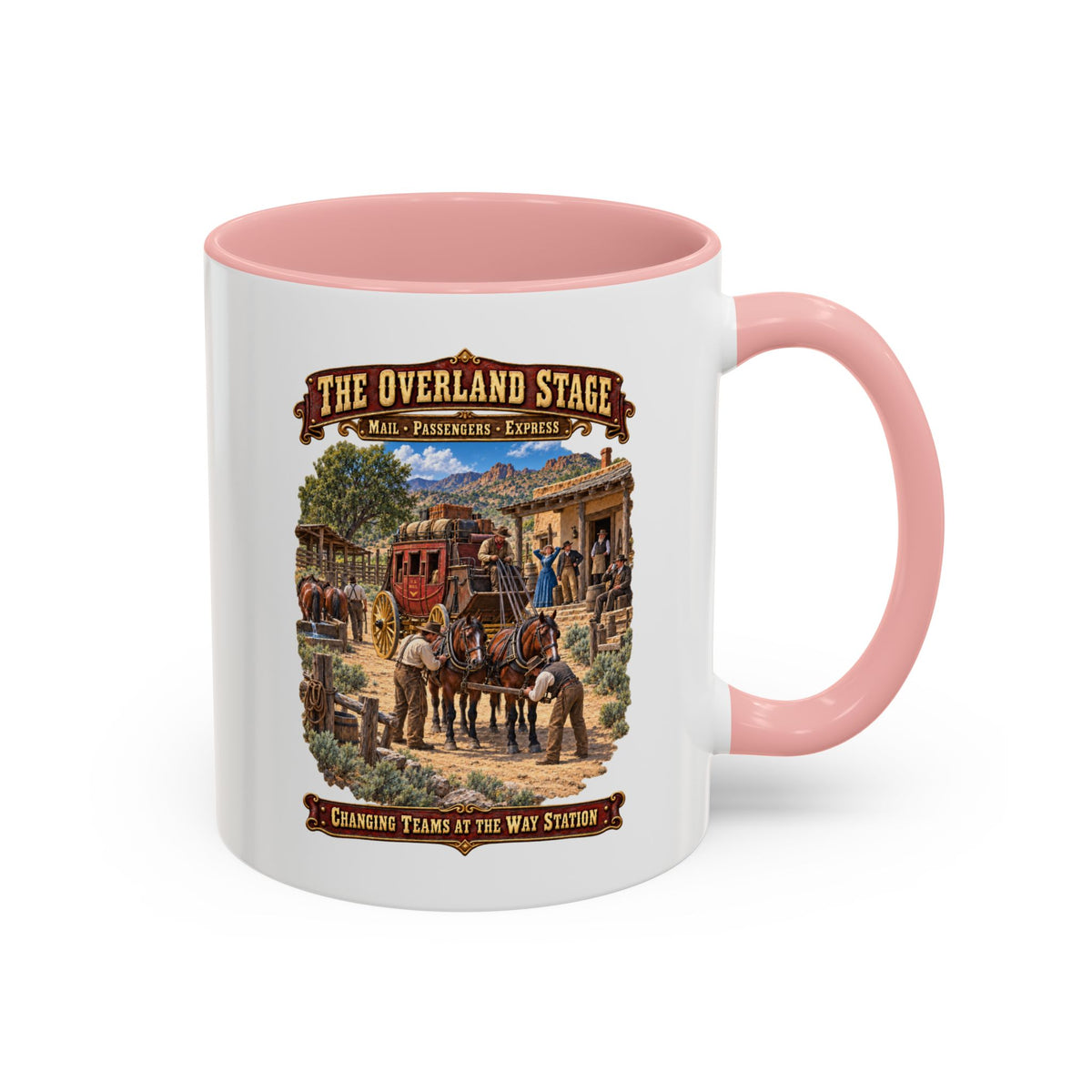 Accent Coffee Mug (11, 15oz) - Overland Stage - Changing Teams at the Way Station - 3D - Enhanced