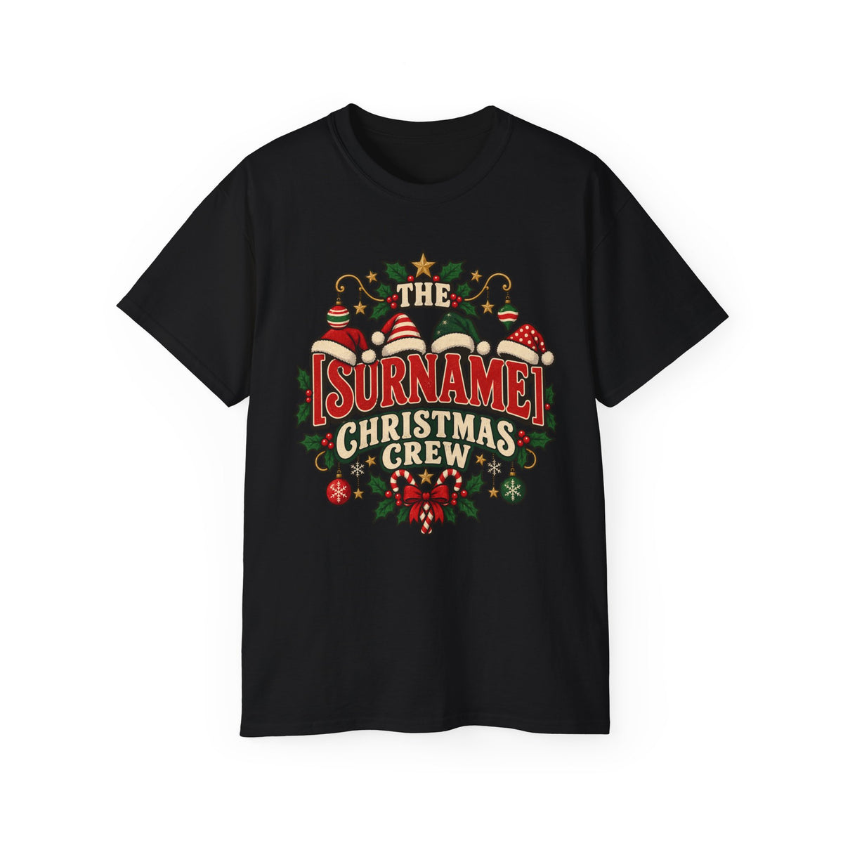 Unisex Ultra Cotton Tee - Retro Christmas Crew Crest with Santa Hats - Free Customization
