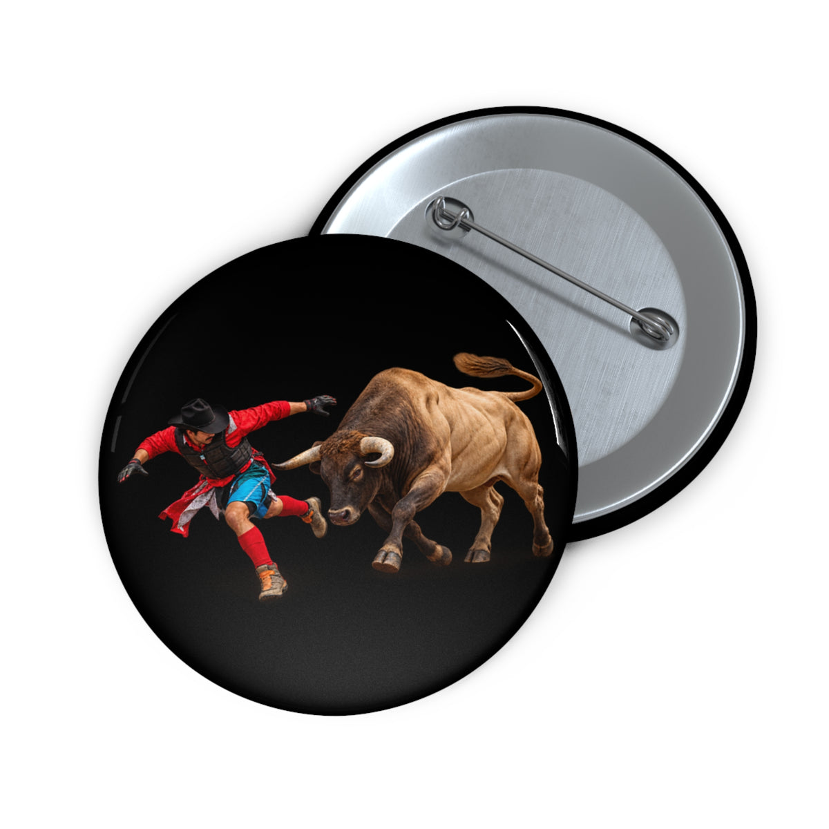 Custom Pin Buttons - Cowboys - Bull Chasing Clown - Ground Shadow - without Text - 3D Transparent