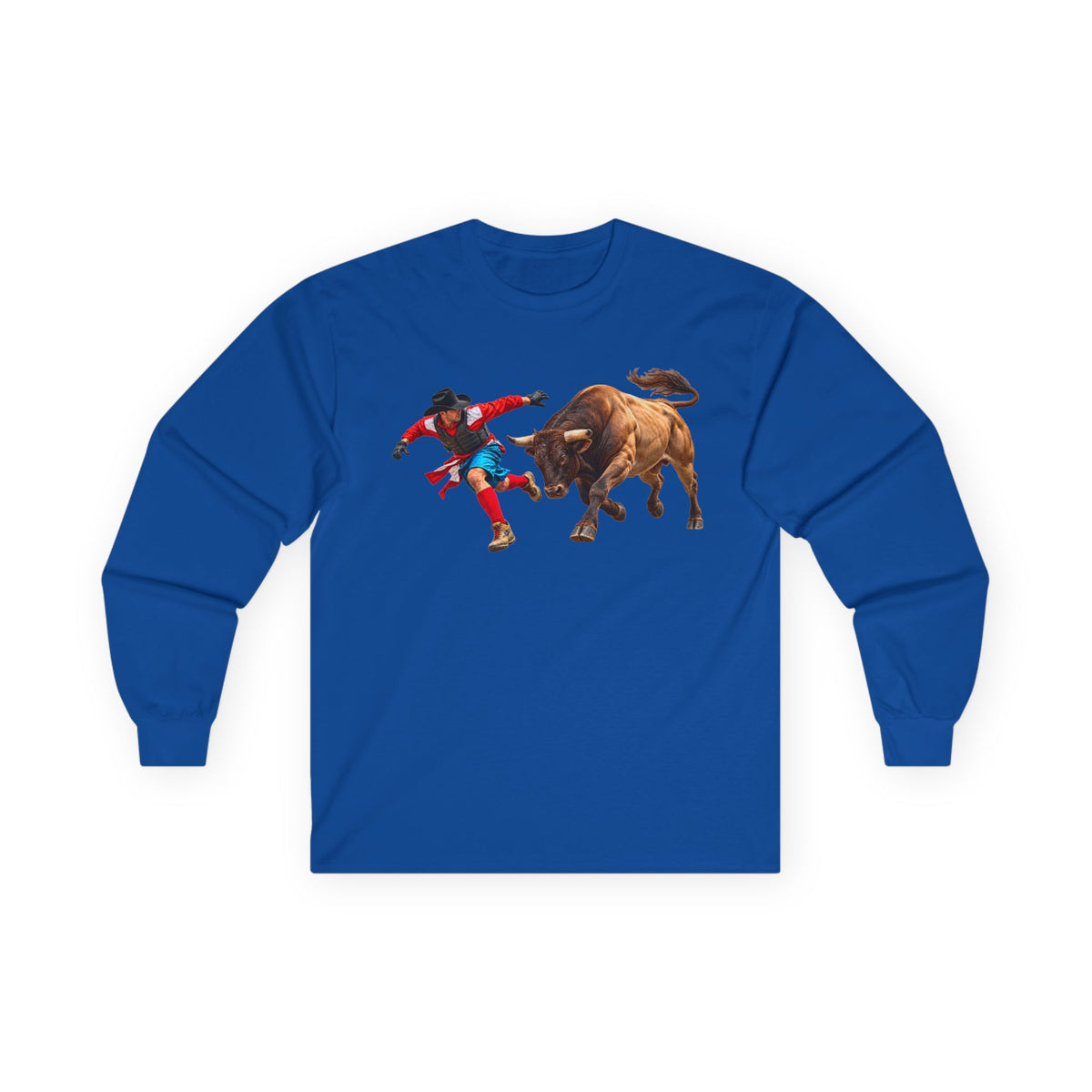 Unisex Ultra Cotton Long Sleeve Tee - Cowboys - Bull Chasing Clown - without Text - 3D Transparent